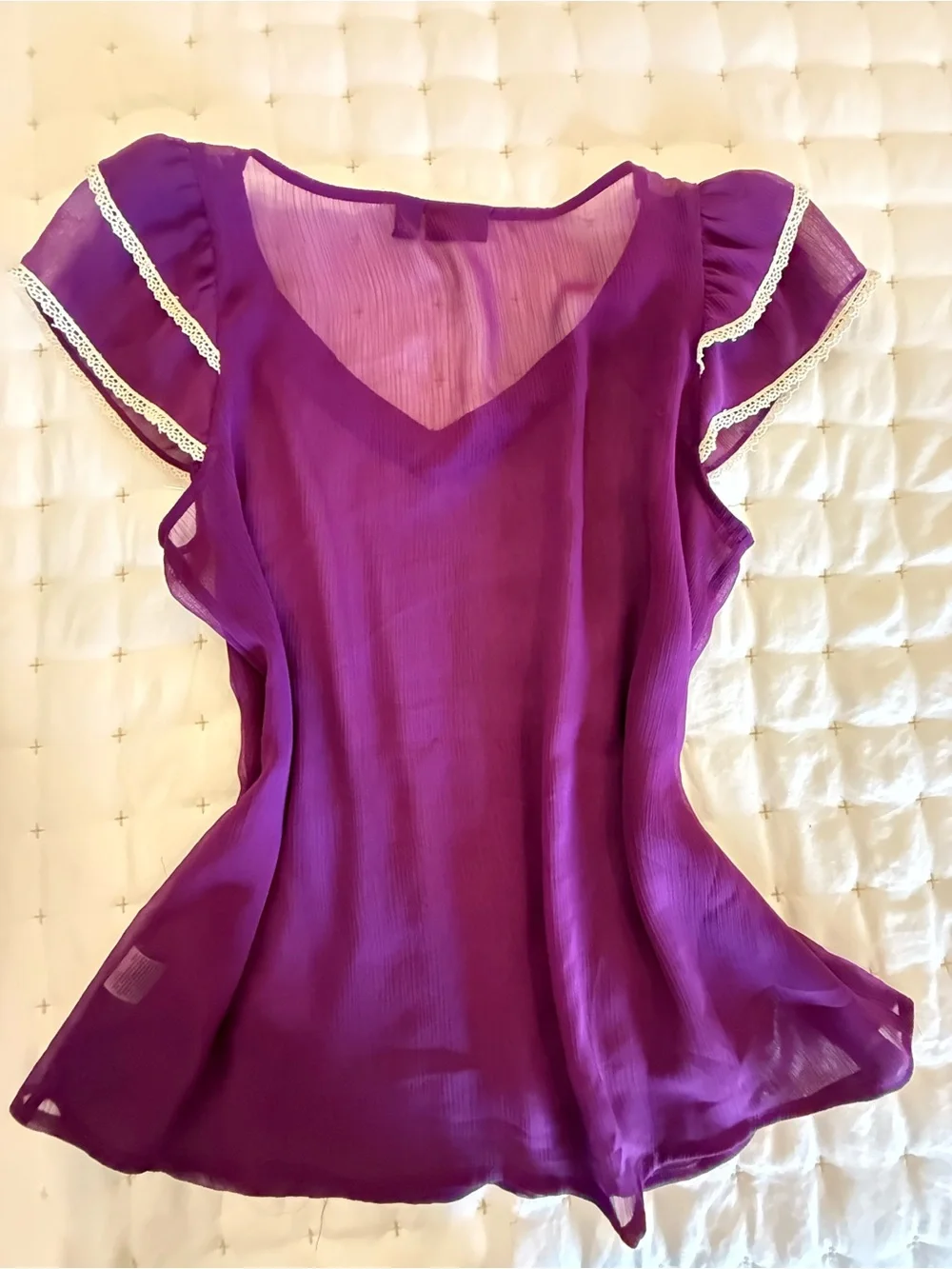 a.n.a Purple Crochet-Trim Sheer Flutter Sleeve Blouse